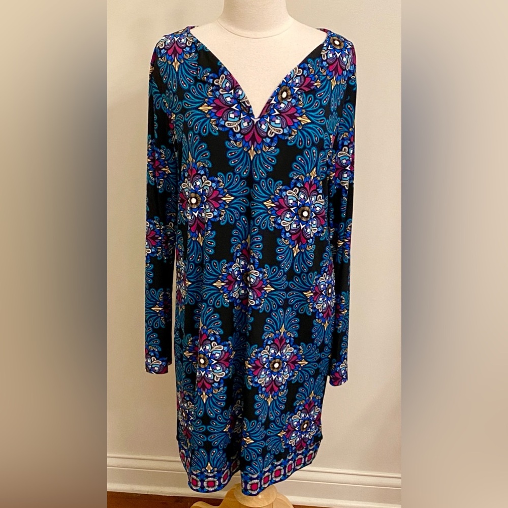 Nicole by Nicole Miller Black Blue Paisley Geometric XL Psychedelic Retro Dress